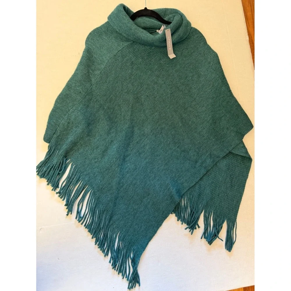 Chico's Teal Knit Fringe‎ Poncho NWT Sz-One Size.  WNTR